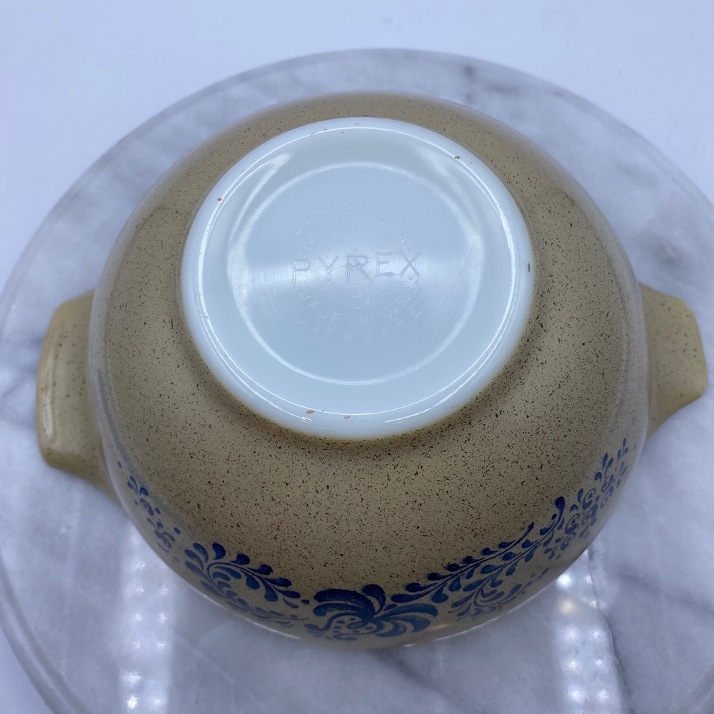 Pyrex Vintage Cinderella Nesting Mixing Bowl Set Blue Onion Speckled Tan 4pc - Picture 11 of 11